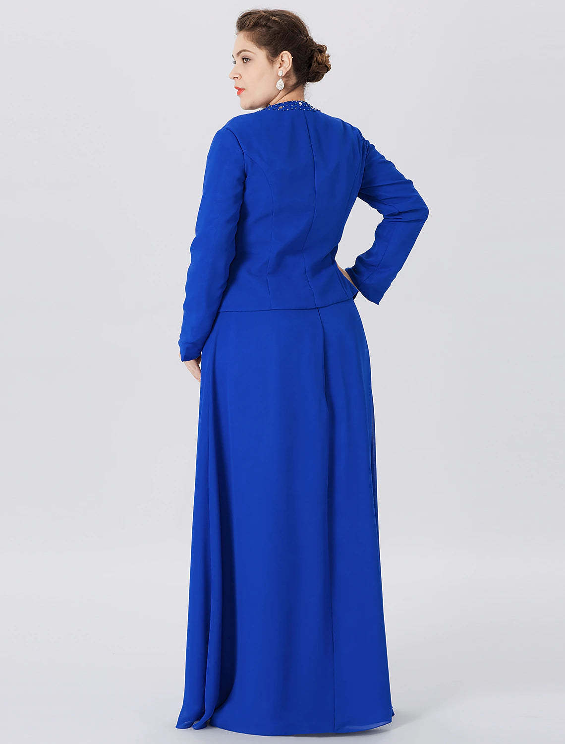 A-Line Mother of the Bride Dress Formal Classic & Timeless Elegant & Luxurious Plus Size Straps Floor Length Chiffon Lace Long Sleeve Wrap Included with Pearls Crystals-SOGOTADE