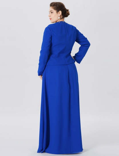 A-Line Mother of the Bride Dress Formal Classic & Timeless Elegant & Luxurious Plus Size Straps Floor Length Chiffon Lace Long Sleeve Wrap Included with Pearls Crystals-SOGOTADE