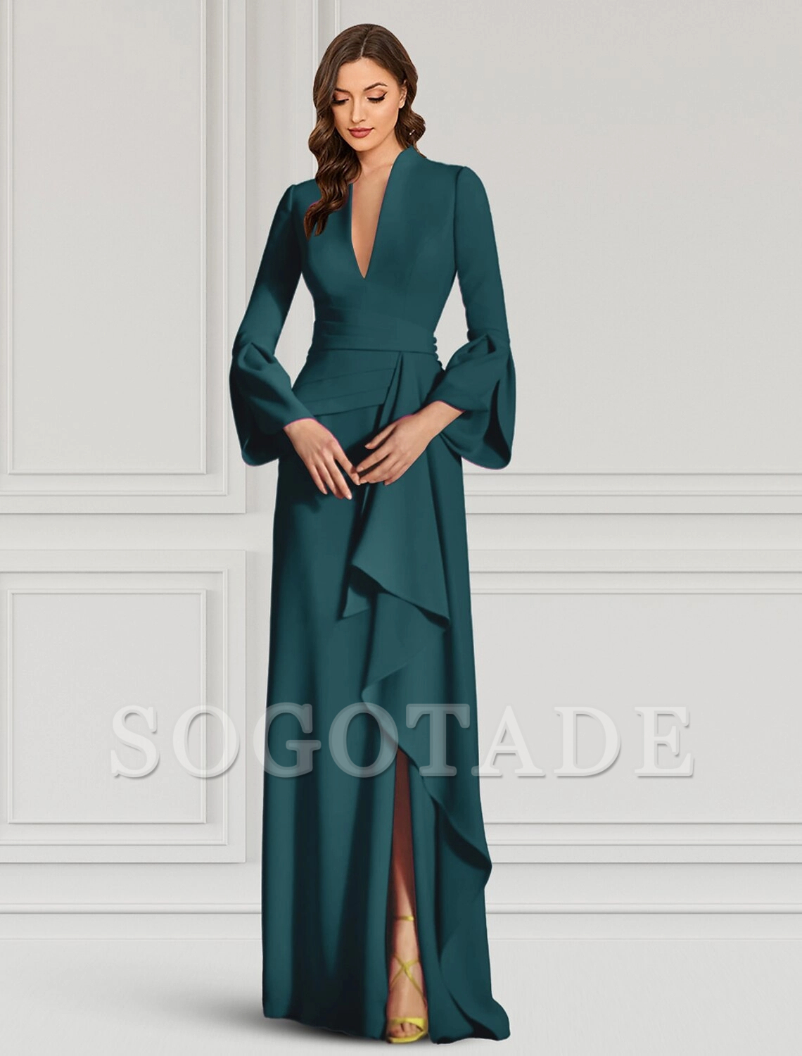 heath Evening Gown Elegant Black Dress Formal Cocktail Party Dress Floor Length Long Sleeve V Neck Fall Wedding Guest Stretch Fabric with Ruffles