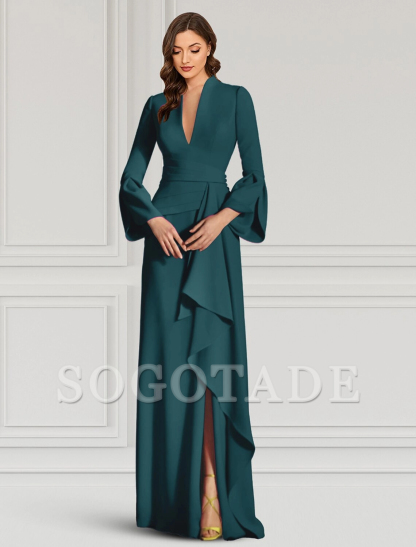 heath Evening Gown Elegant Black Dress Formal Cocktail Party Dress Floor Length Long Sleeve V Neck Fall Wedding Guest Stretch Fabric with Ruffles