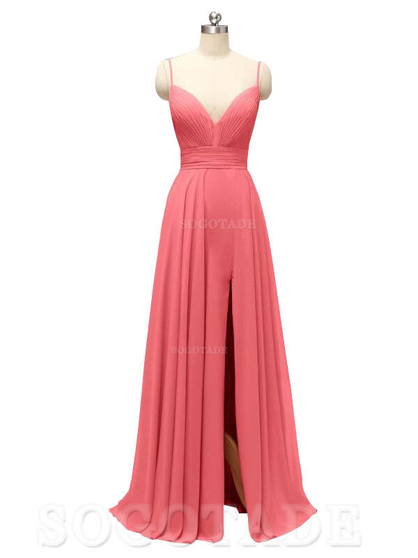 Honest Chiffon Spaghetti Straps Slit Long Bridesmaid Dresses prom shop dresses