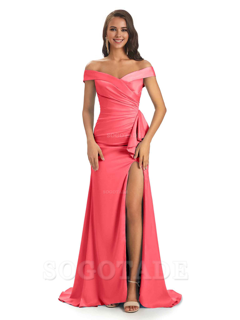 Sexy Soft Satin Side Slit Off The Shoulder Maxi Long Mermaid Bridesmaid Dresses prom shop dresses