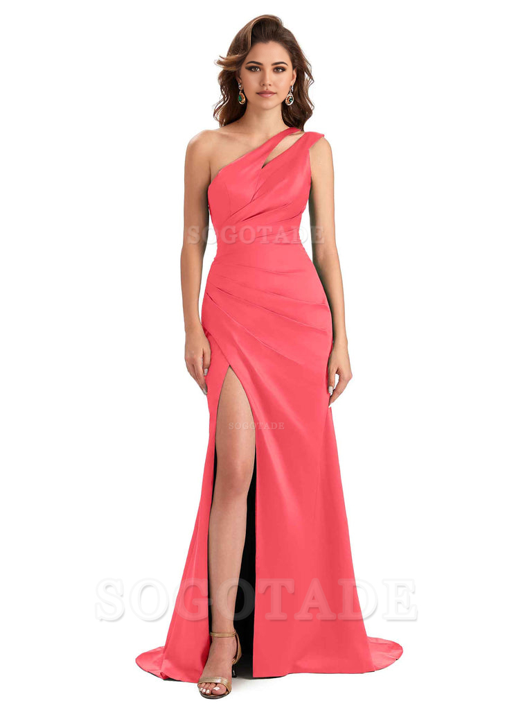 Mermaid One Shoulder Satin Sexy formal dresses evening gown Bridesmaid Dresses With Side Slit 