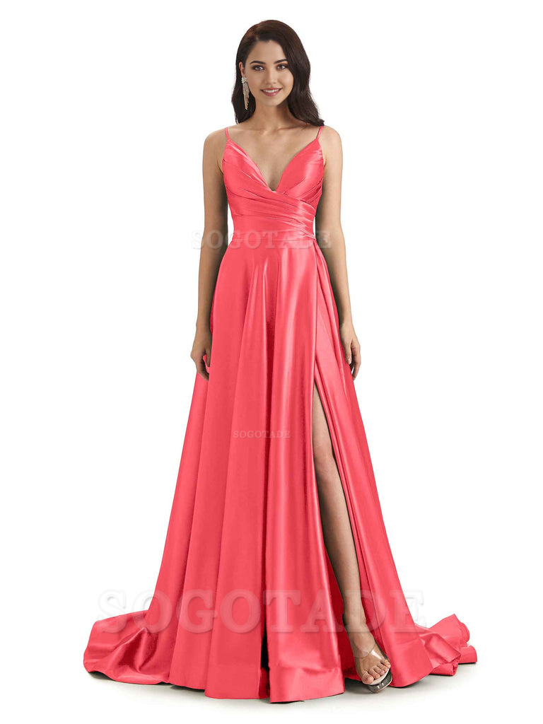 Spaghetti Straps Satin formal dresses evening gown Bridesmaid Dresses With Side Slit 