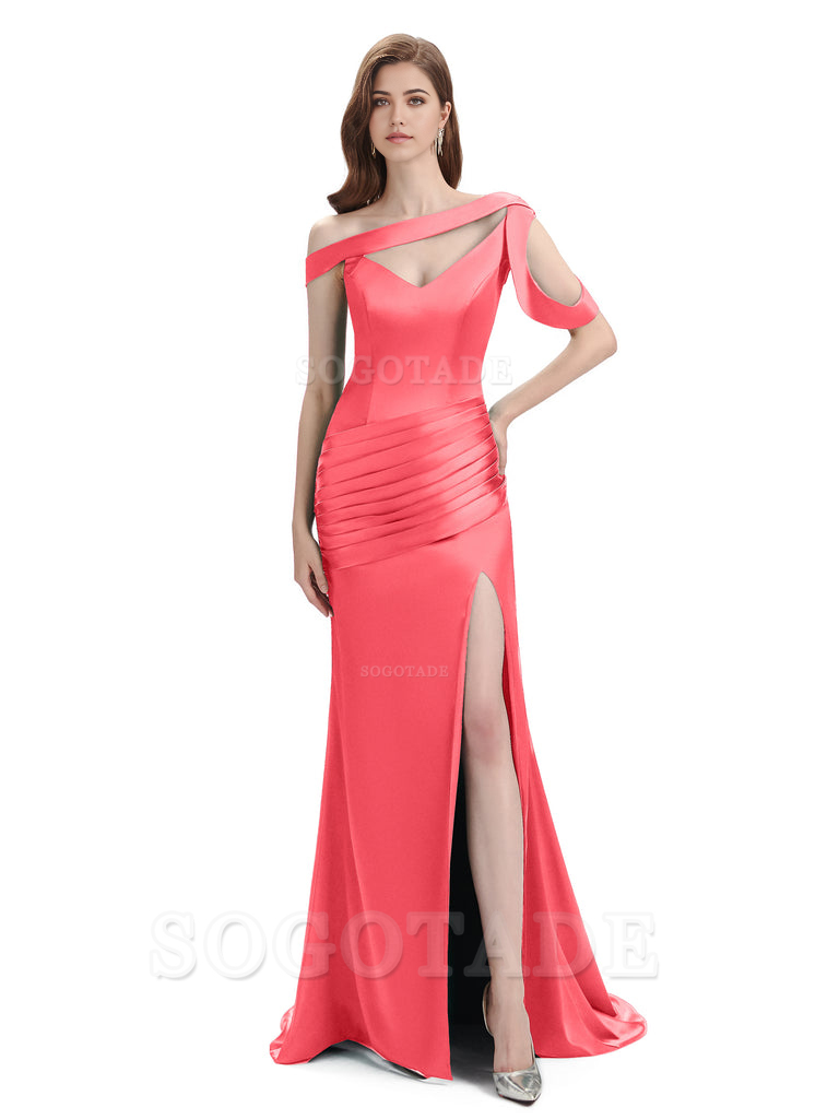 Mermaid V-Neck Satin Floor-Length formal dresses evening gown Bridesmaid Dresses With Side Slit 