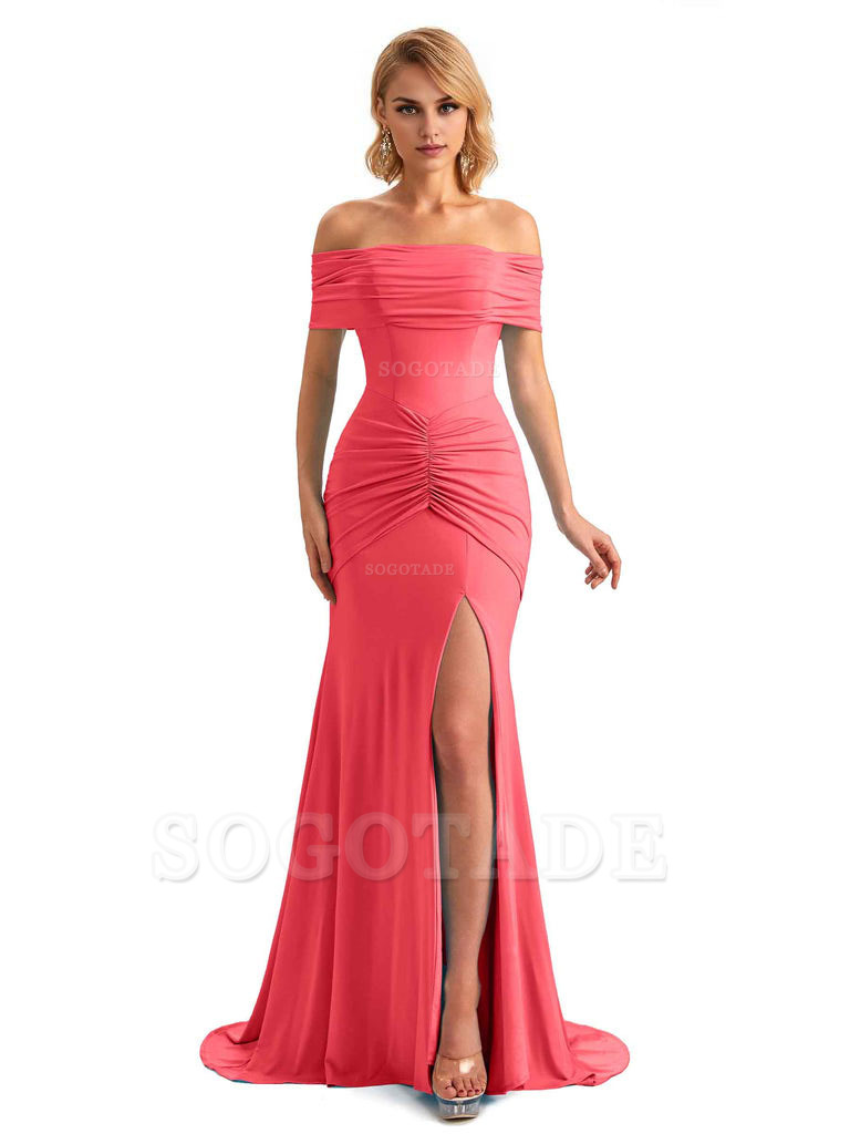 Elegant Mermaid Off The Shoulder Side Slit Stretchy Jersey Long Formal Bridesmaid Dresses