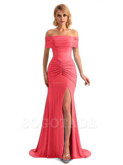 Elegant Mermaid Off The Shoulder Side Slit Stretchy Jersey Long Formal Bridesmaid Dresses