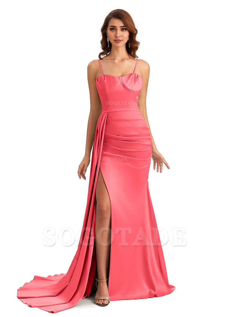 Sexy Spaghetti Straps Side Slit Mermaid Unique Long Bridesmaid Dresses In Satin