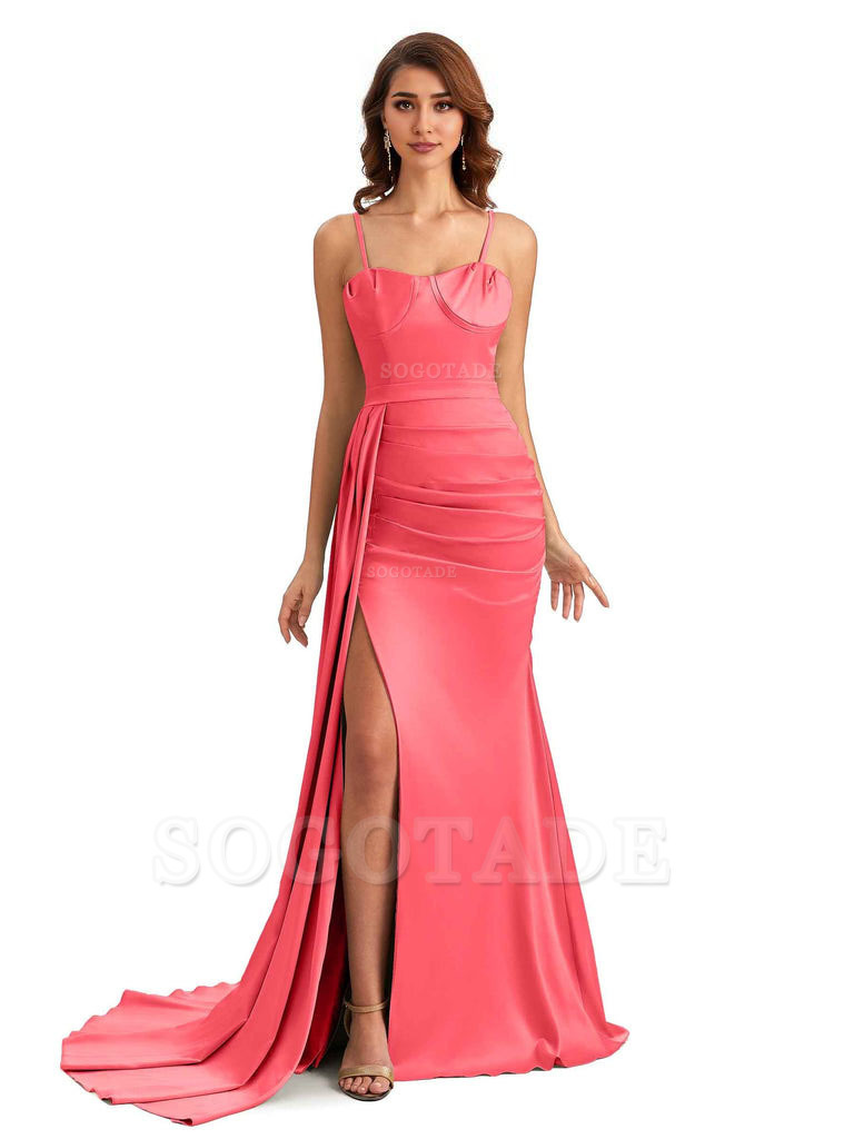 Sexy Spaghetti Straps Side Slit Mermaid Unique Long Bridesmaid Dresses In Satin