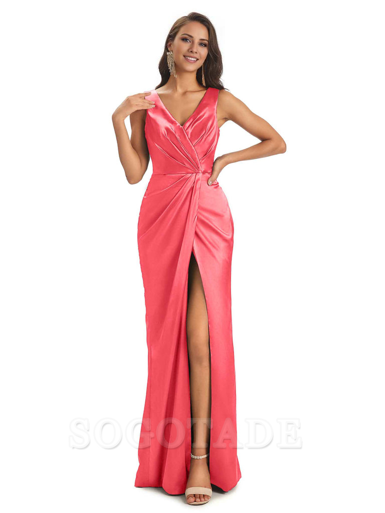 V-Neck Unique Long Satin Bridesmaid Dresses with Front Slit