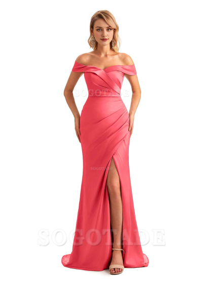 Off Shoulder Side Slit Mermaid Silky Satin Unique Long Formal Wedding Guest Dresses Online