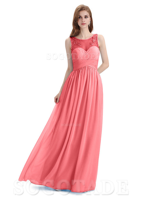 Elegant A-Line Chiffon Sleeveless Ruched Long Simple Bridesmaid Dresses Formal Women's Dresses Wedding Guests Dresses