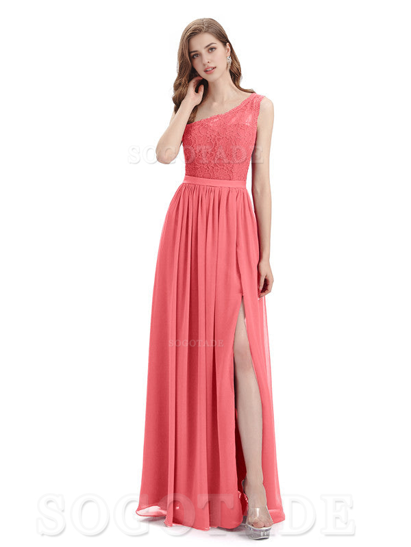 A-Line One Shoulder Top Lace Floor-Length Elegant Adoration Bridesmaid Dresses Formal Women's Dresses Wedding Guests Dresses