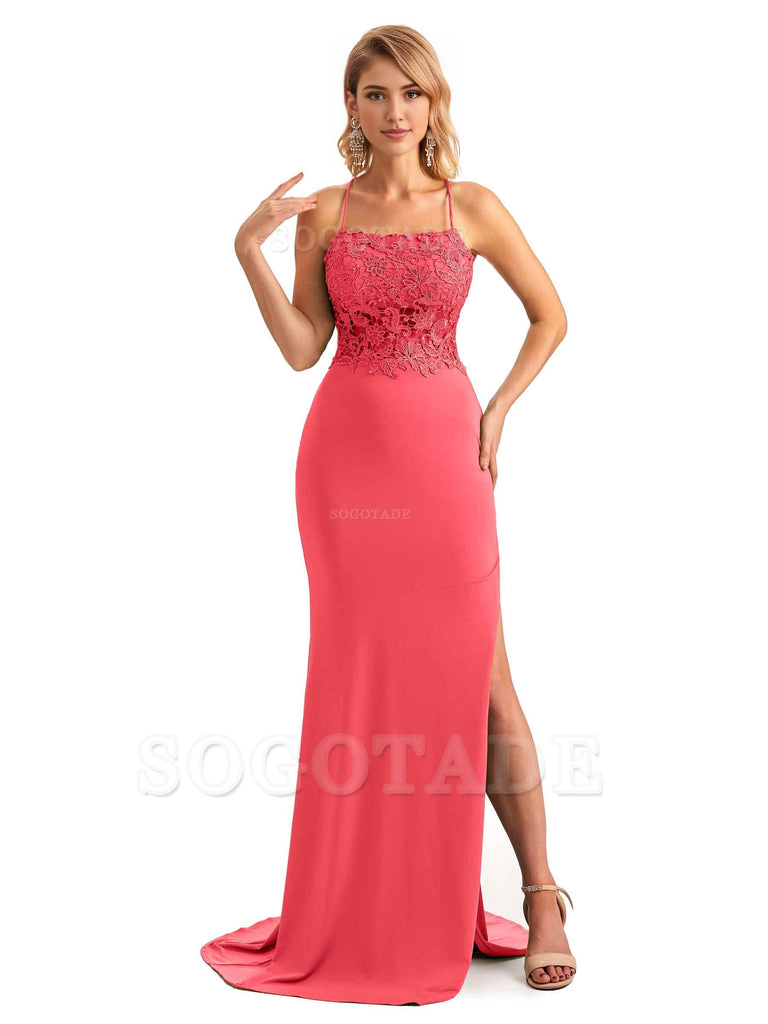 Sexy Side Slit Spaghetti Straps Open Back Mermaid Lace Applique Long Formal Bridesmaid Dresses