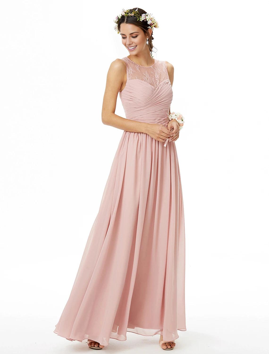 A-Line Bridesmaid Dress Jewel Neck Sleeveless See Through Floor Length Chiffon / Lace with Lace / Criss Cross / Pleats-SOGOTADE