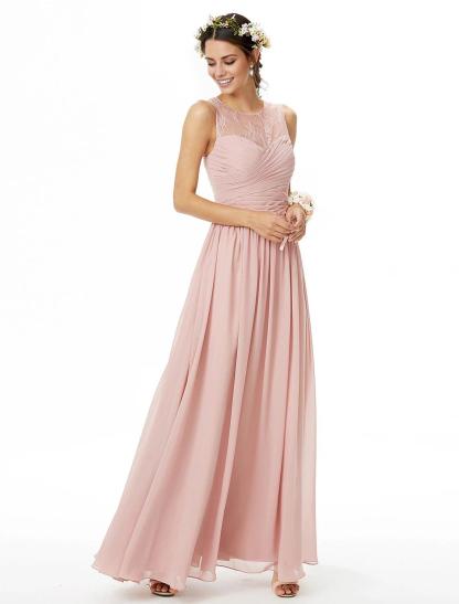 A-Line Bridesmaid Dress Jewel Neck Sleeveless See Through Floor Length Chiffon / Lace with Lace / Criss Cross / Pleats-SOGOTADE