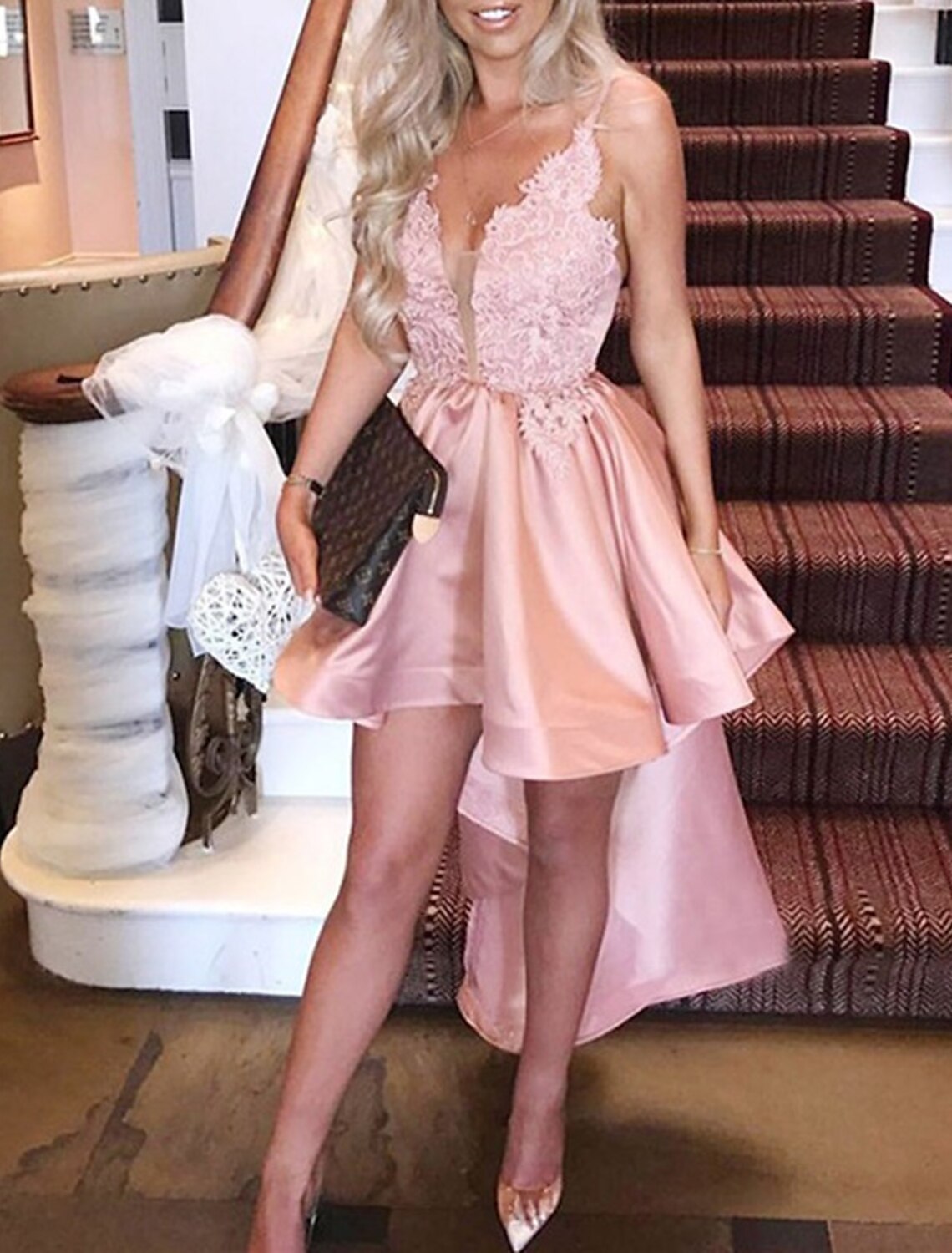 A-Line Homecoming Dresses High Low Dress Graduation Cocktail Party Asymmetrical Sleeveless Spaghetti Strap Pink Dress Charmeuse with Appliques 2024-SOGOTADE