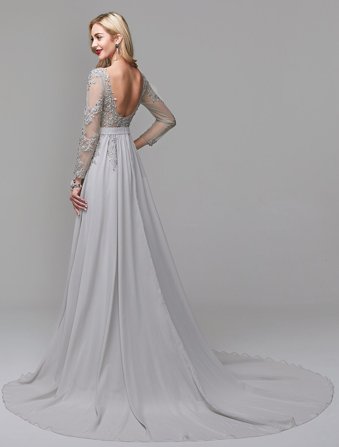 A-Line Luxurious Engagement Formal Evening Dress Illusion Neck V Back Low Back Long Sleeve Chapel Train Chiffon with Sequin Appliques 2024 / Illusion Sleeve-SOGOTADE