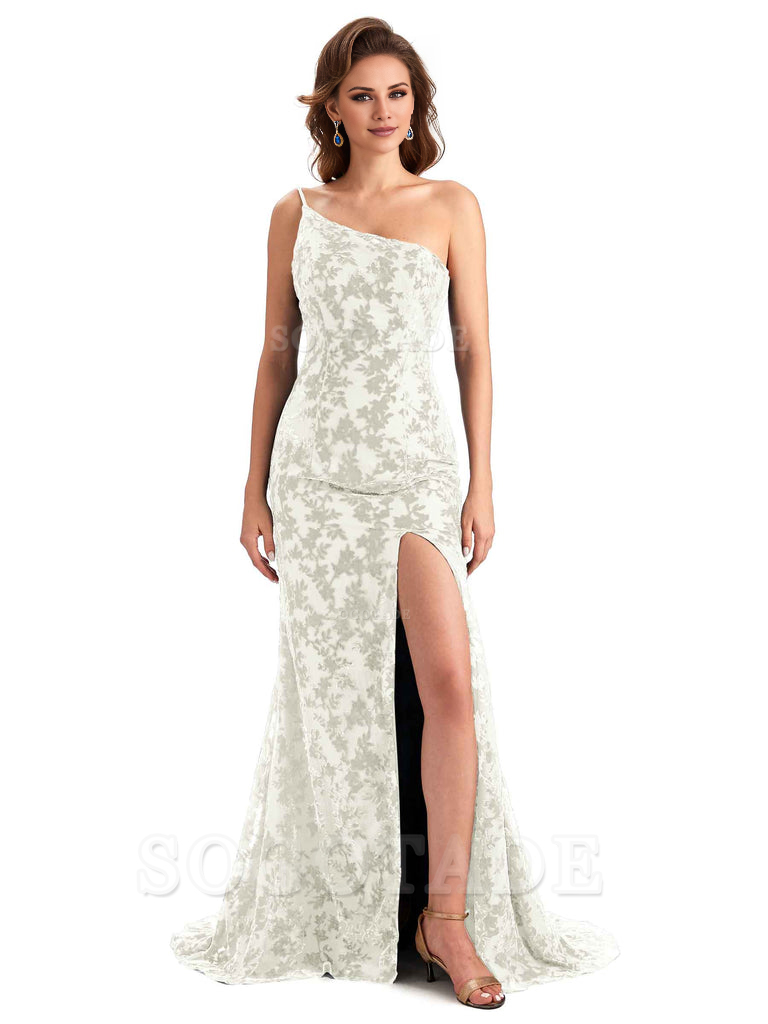 Sexy Magnetic Side Slit Spaghetti Straps Mermaid Floral Velvet Long High Quality Bridesmaid Dresses Formal Women's Dresses Wedding Guests Dresses