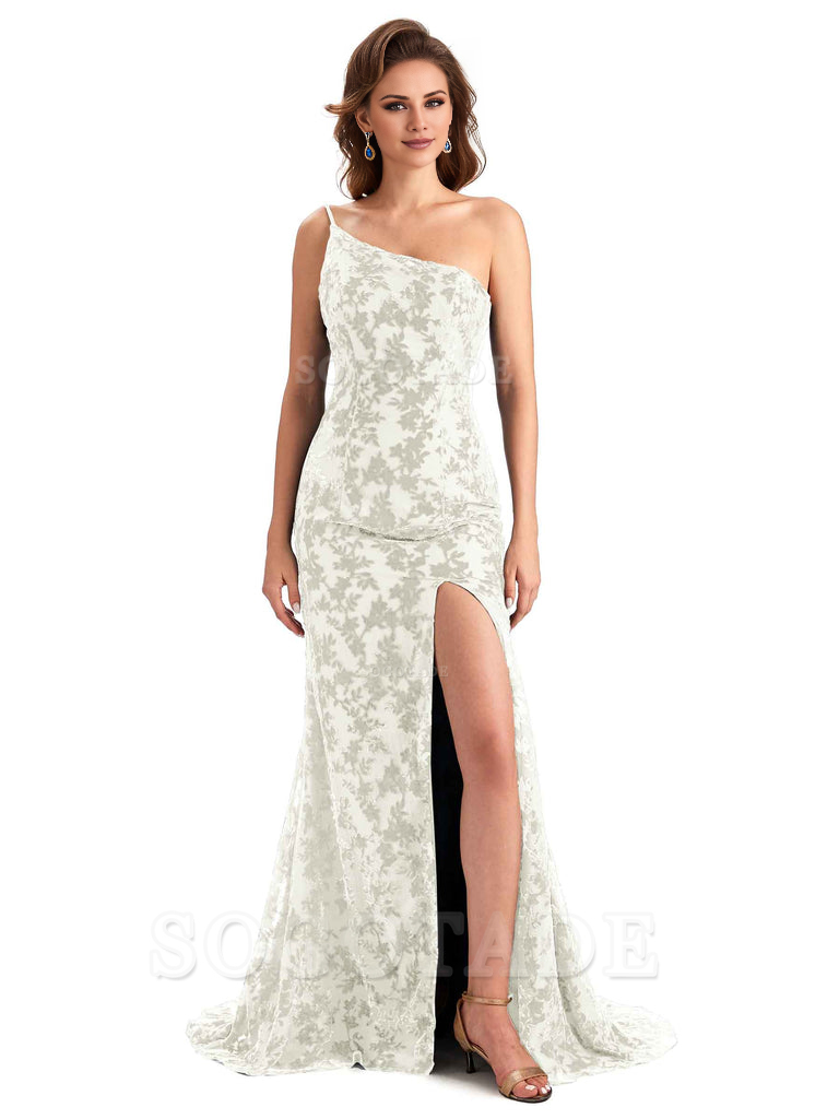 Sexy Magnetic Side Slit Spaghetti Straps Mermaid Floral Velvet Long High Quality Bridesmaid Dresses Formal Women's Dresses Wedding Guests Dresses