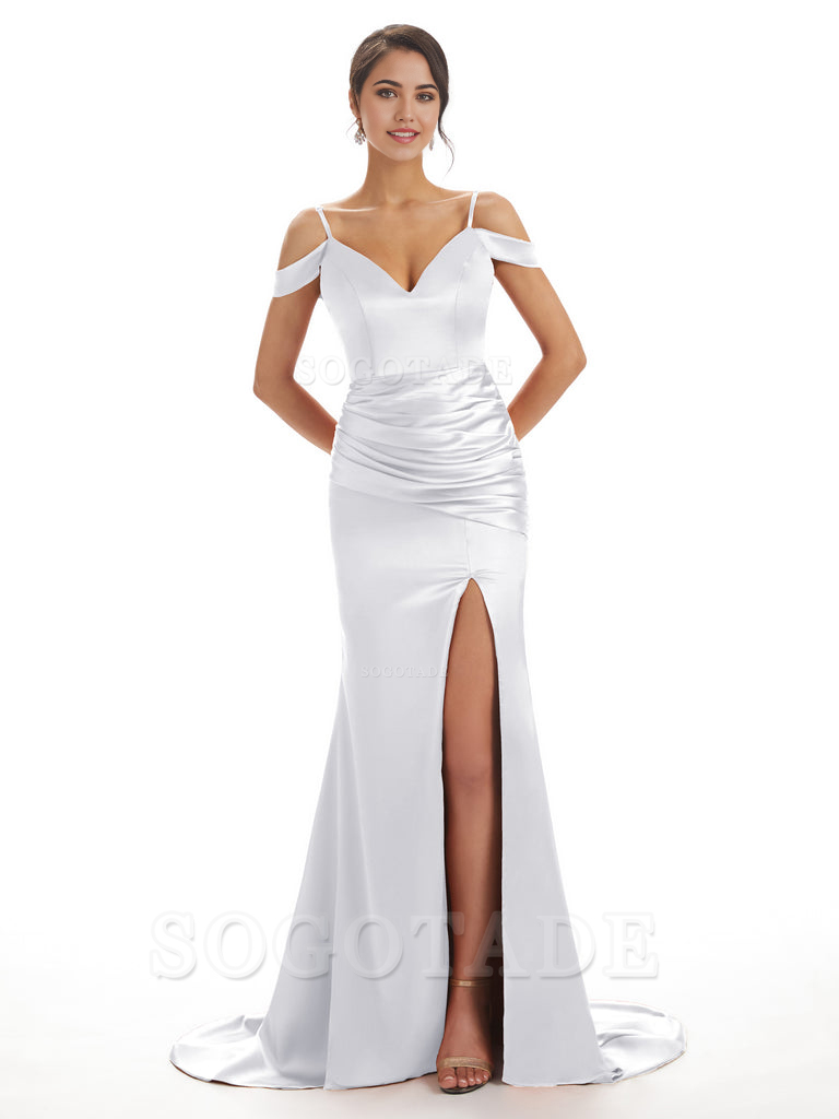 Mermaid Off The Shoulder Satin formal dresses evening gown Bridesmaid Dresses With Side Slit 