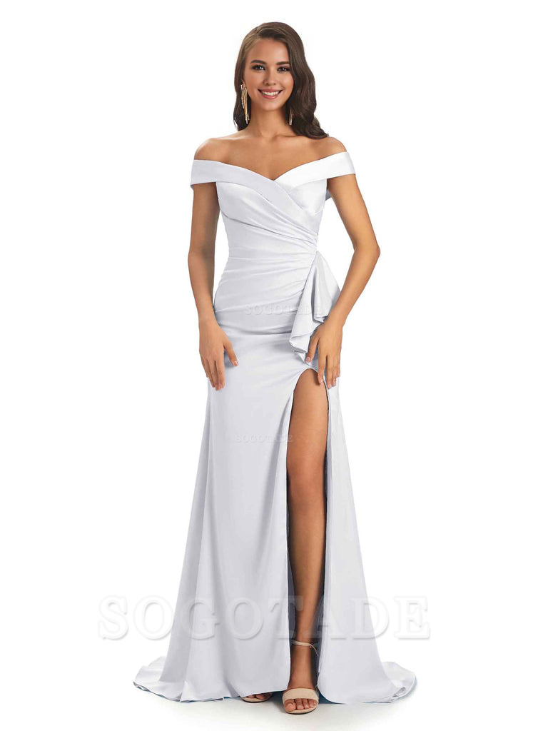 Sexy Soft Satin Side Slit Off The Shoulder Maxi Long Mermaid Bridesmaid Dresses prom shop dresses