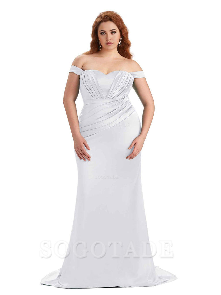 Sexy Mermaid Off The Shoulder Sweetheart Soft Satin Floor Length Long Plus Size Maid of Honor Dresses