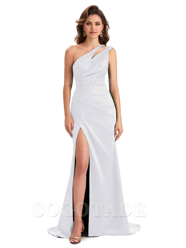 Mermaid One Shoulder Satin Sexy formal dresses evening gown Bridesmaid Dresses With Side Slit 