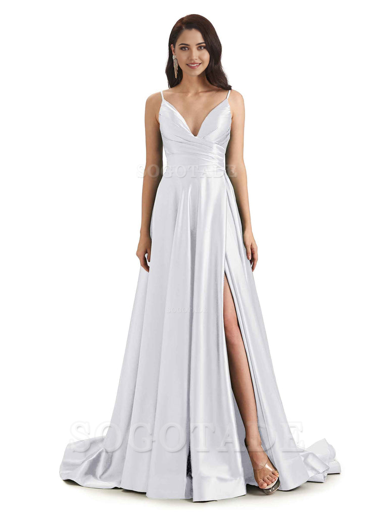 Spaghetti Straps Satin formal dresses evening gown Bridesmaid Dresses With Side Slit 