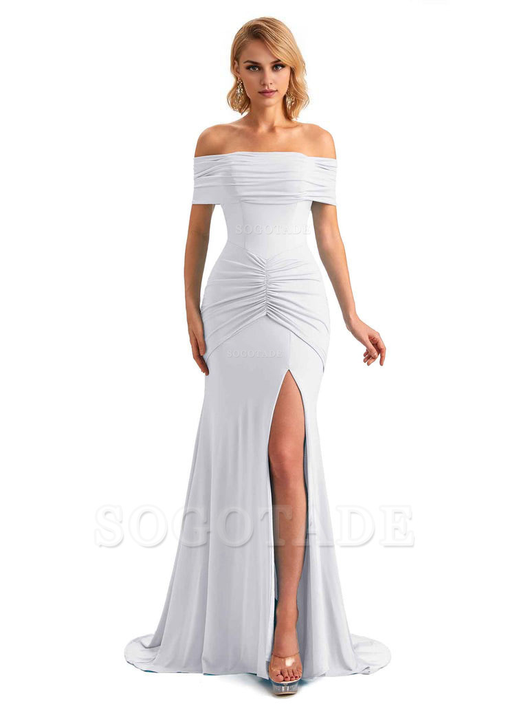 Elegant Mermaid Off The Shoulder Side Slit Stretchy Jersey Long Formal Bridesmaid Dresses