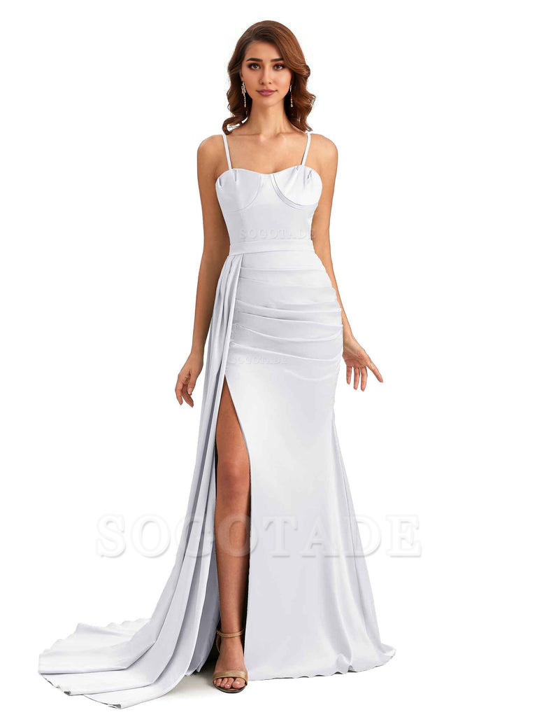 Sexy Spaghetti Straps Side Slit Mermaid Unique Long Bridesmaid Dresses In Satin