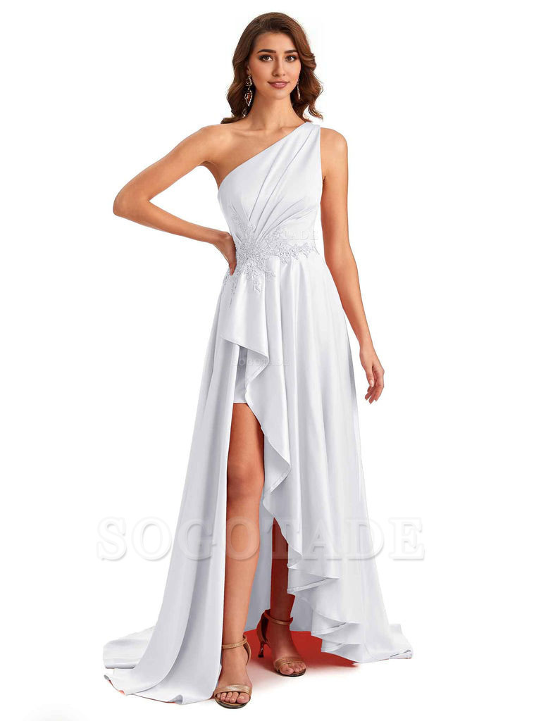 Sexy One Shoulder A-Line High Low Silky Satin Lace Long Formal Wedding Guest Dresses