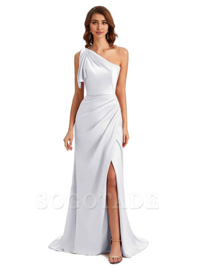 Sexy One Shoulder Mermaid Side Slit Unique Silky Satin Bridesmaid Dresses 