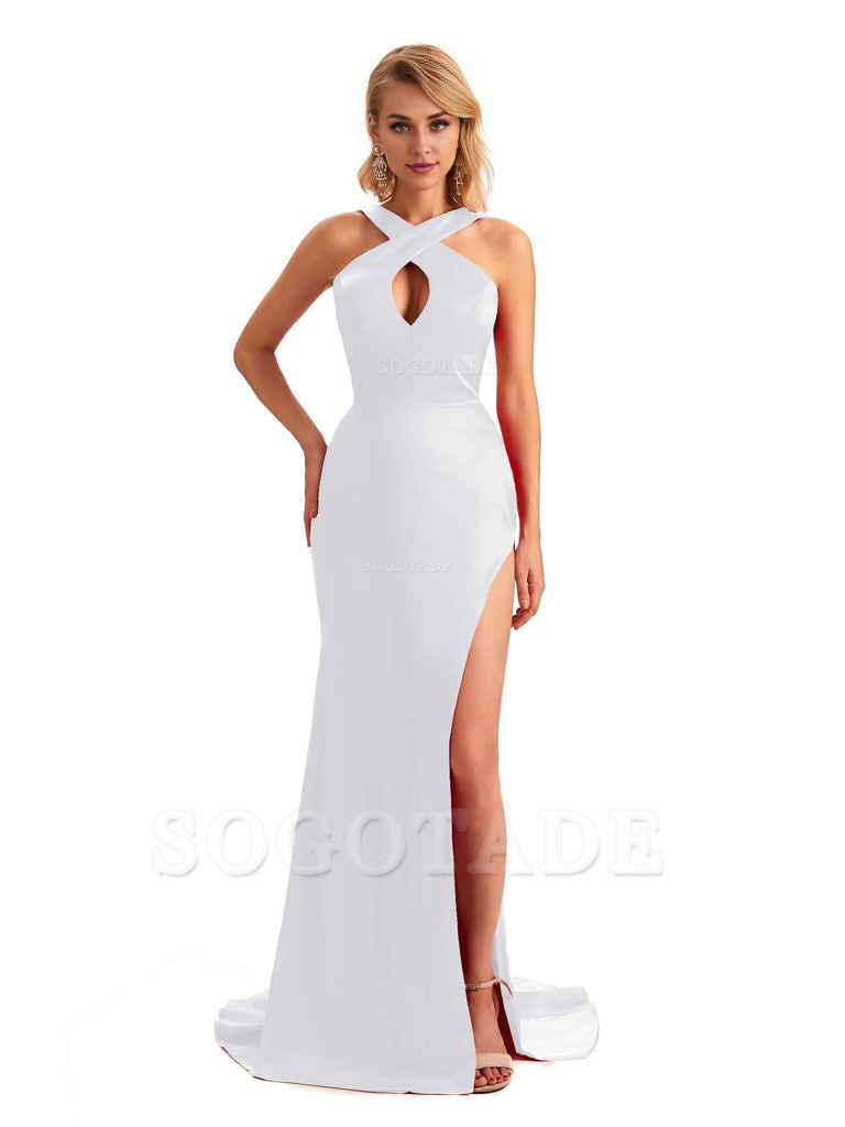 Sexy Side Slit Halter Mermaid Silky Satin Unique Long Formal Wedding Bridesmaid Dresses