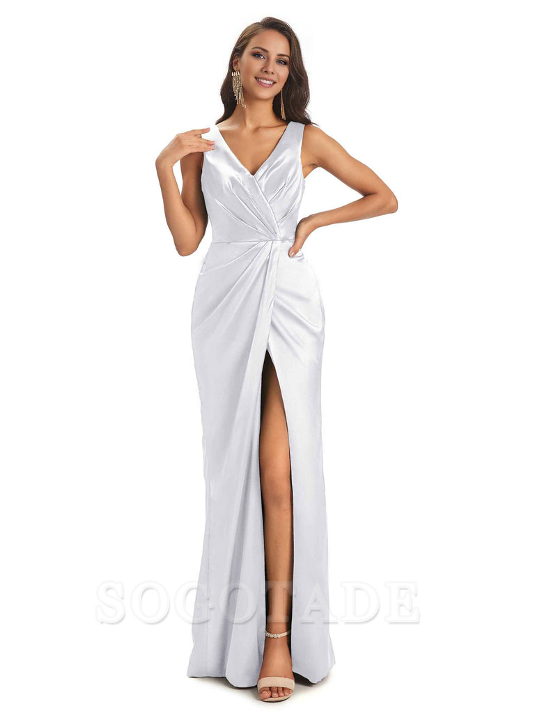 V-Neck Unique Long Satin Bridesmaid Dresses with Front Slit