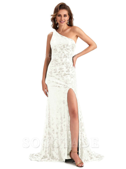 Sexy Side Slit One Shoulder Mermaid Floral Velvet Long Modern Bridesmaid Dresses