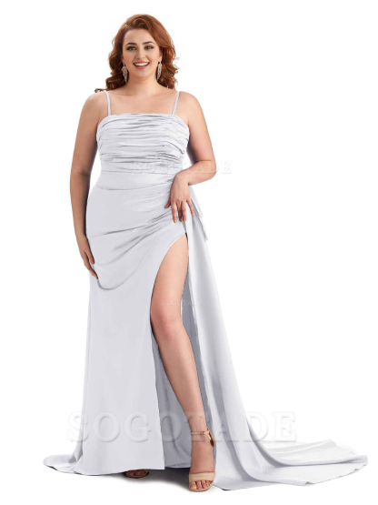 Sexy Side Slit Spaghetti Straps Mermaid Soft Satin Long Plus Size Bridesmaid Dresses Online