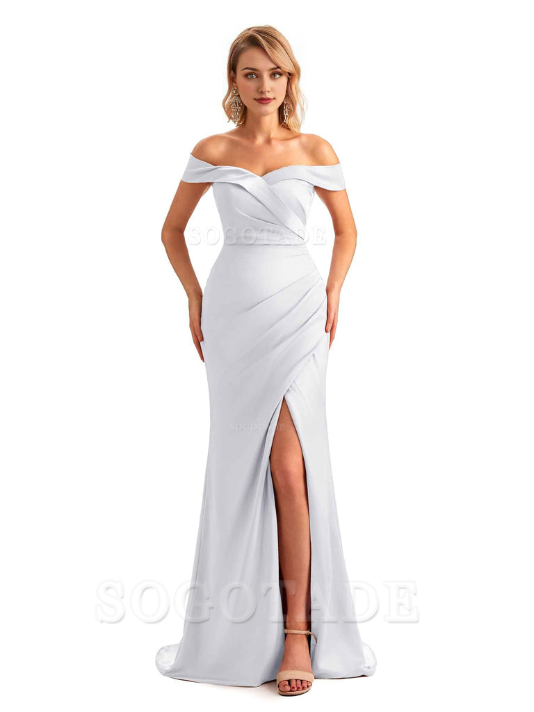 Off Shoulder Side Slit Mermaid Silky Satin Unique Long Formal Wedding Guest Dresses Online