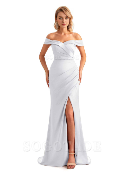 Off Shoulder Side Slit Mermaid Silky Satin Unique Long Formal Wedding Guest Dresses Online