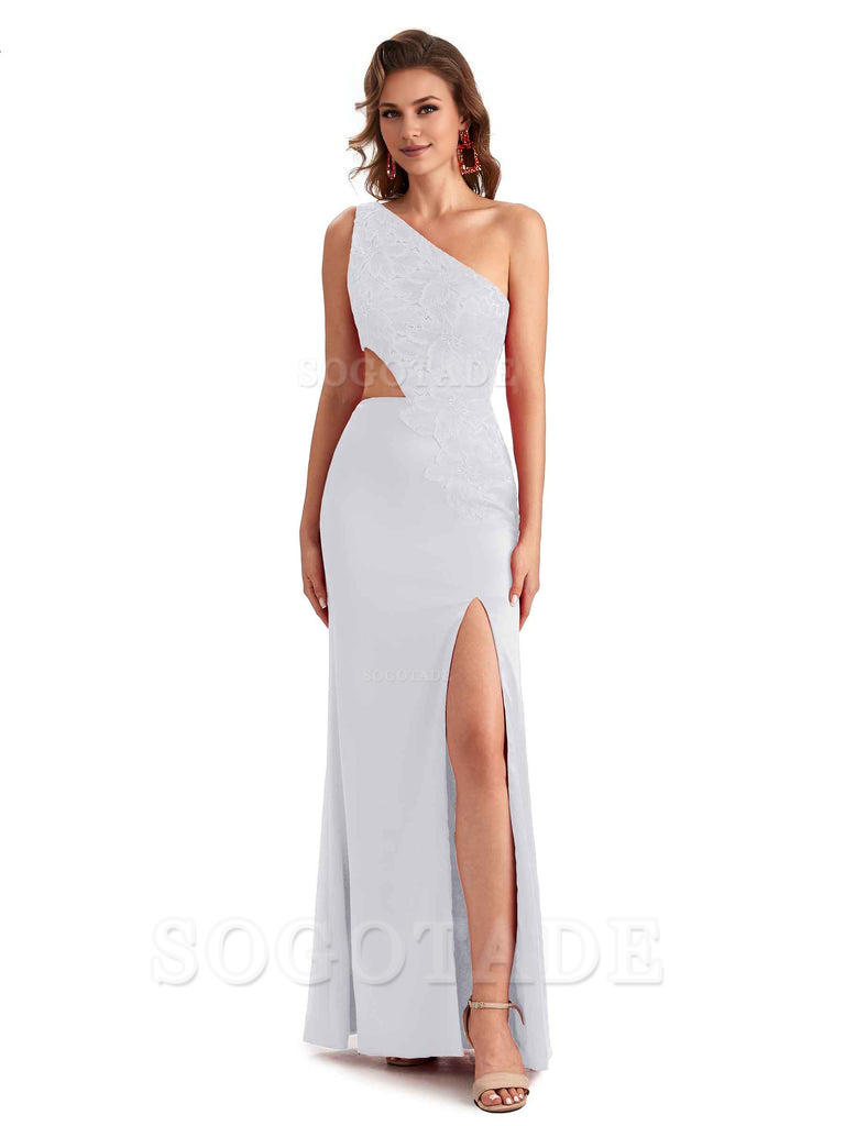 Sexy Side Slit Mermaid Lace Silky Satin One Shoulder Chic Long Bridesmaid Dresses