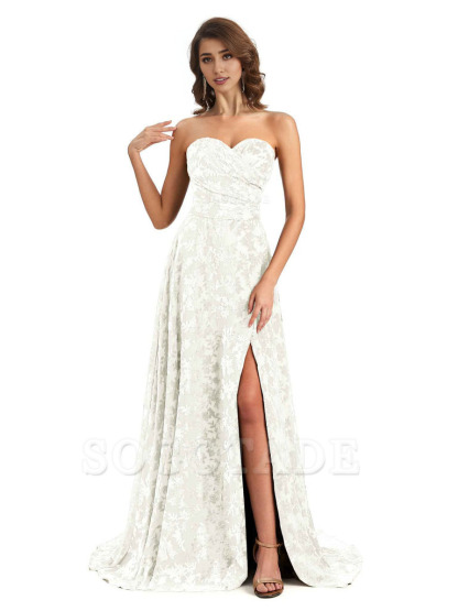 Sexy Side Slit Strapless Floral Velvet Sweetheart Long Bridesmaid Dresses