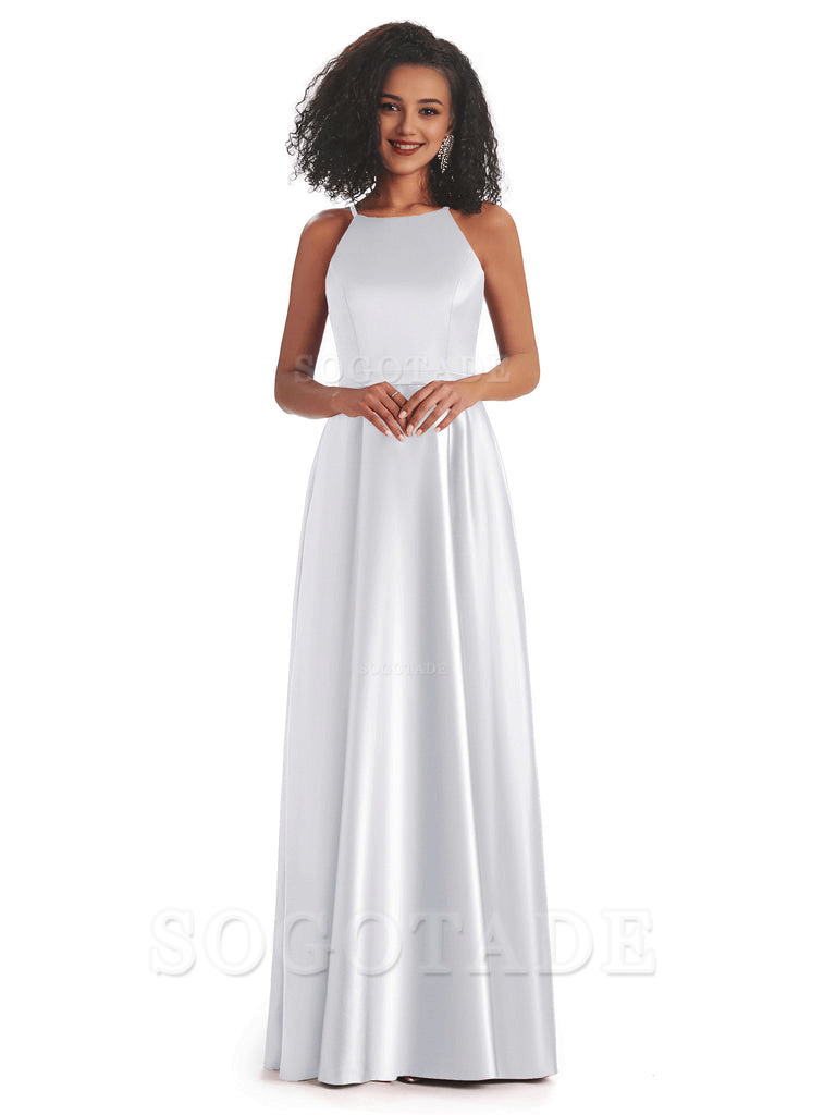 Soft Satin A-Line Halter Floor-Length Modern African Bridesmaid Dresses