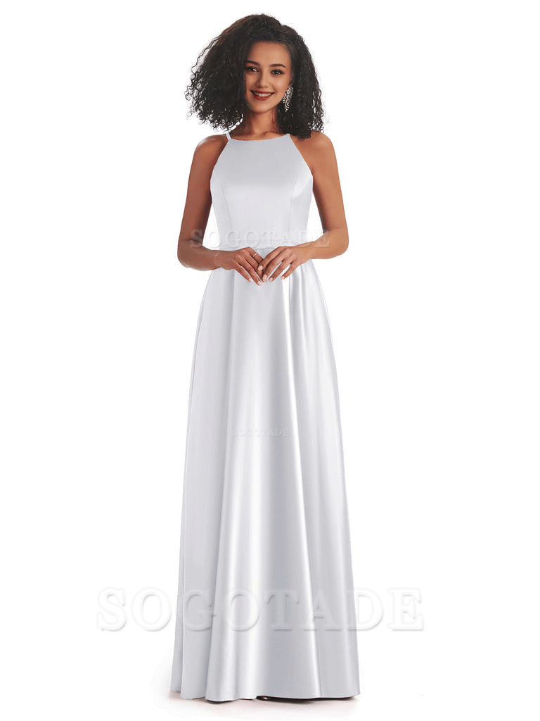 Soft Satin A-Line Halter Floor-Length Modern African Bridesmaid Dresses