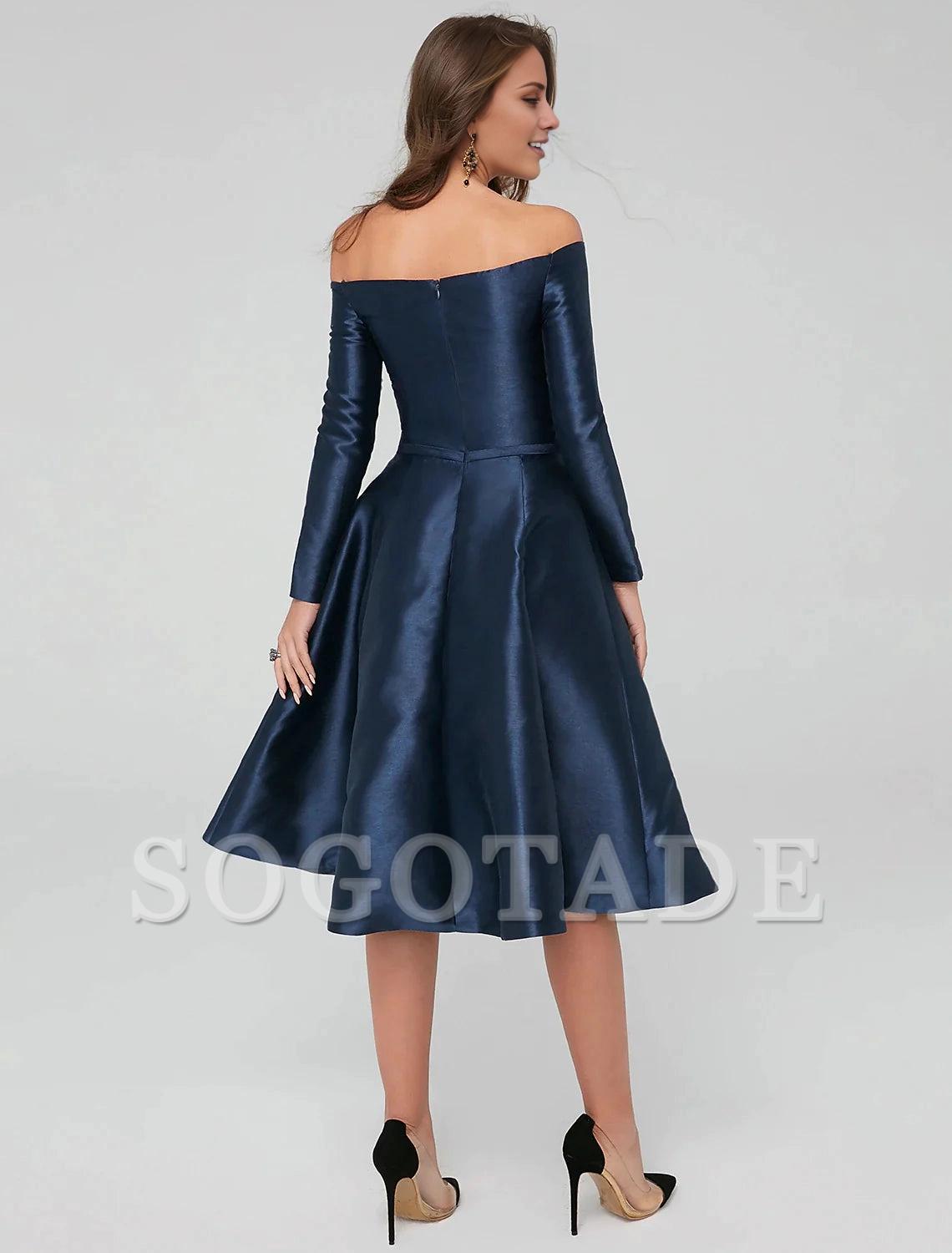 A-Line Special Occasion Dresses Party Dress Wedding Guest Cocktail Party Knee Length Long Sleeve Off Shoulder Satin with Pleats