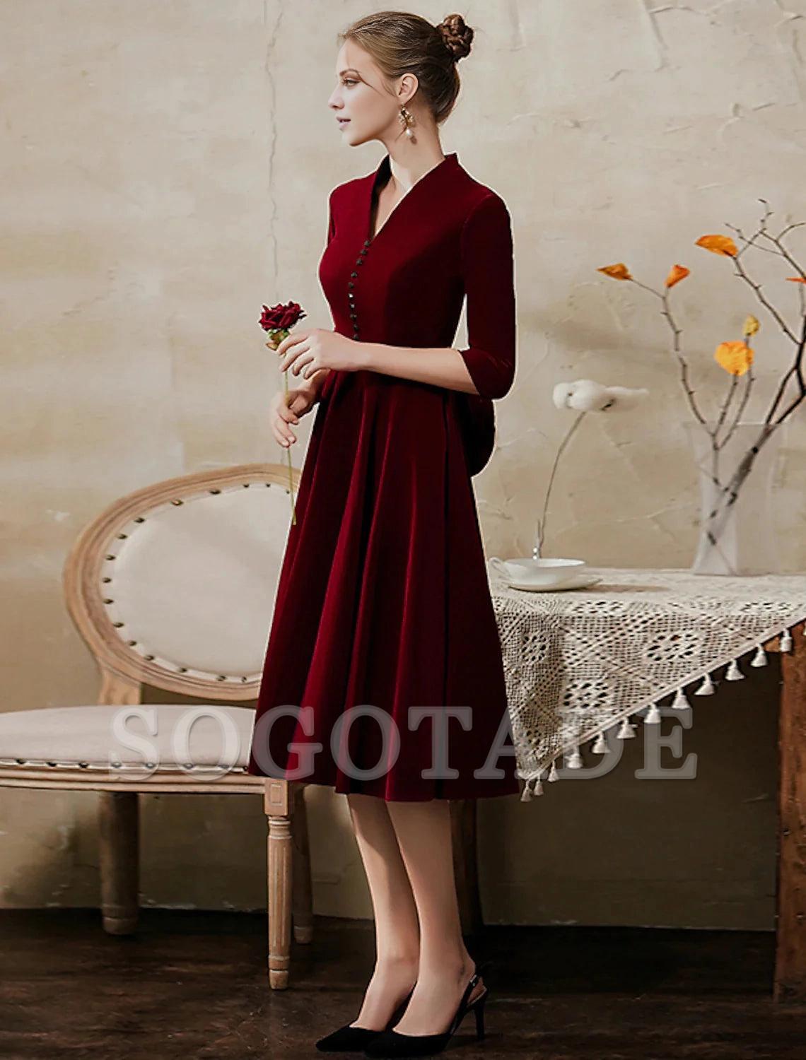 A-Line Minimalist Vintage Party Wear Cocktail Party Dress V Neck Half Sleeve Tea Length Velvet with Sleek-SOGOTADE