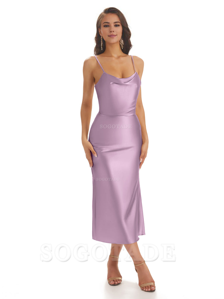 Sexy Soft Satin Spaghetti Strap Tea-Length Midi Short Bridesmaid Dresses prom shop dresses