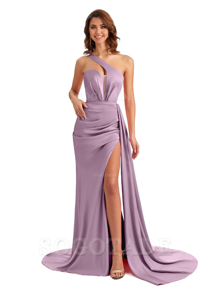 Mermaid One Shoulder Satin formal dresses evening gown Bridesmaid Dresses With Side Slit