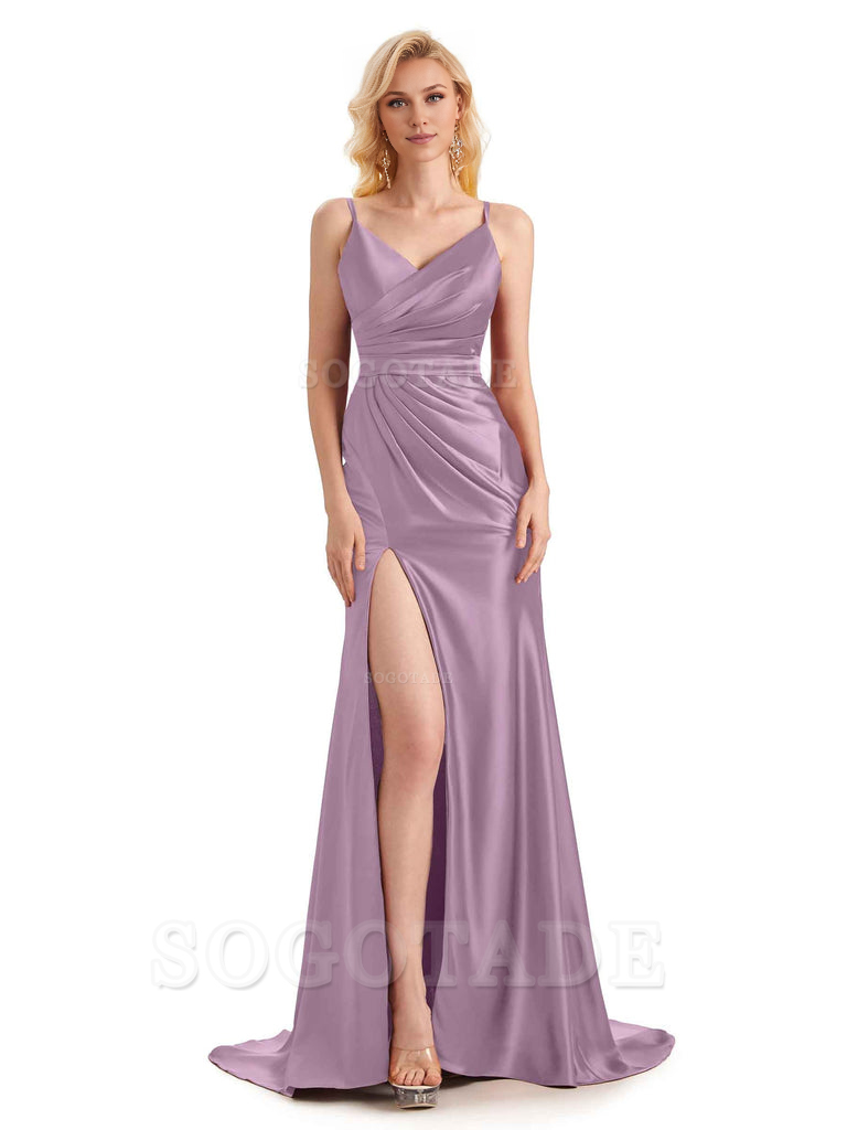 Sexy Charming Side Slit V-Neck Pleated Spaghetti Straps Backless Satin Bridesmaid Dresses Formal Women's Dresses Wedding Guests Dresses