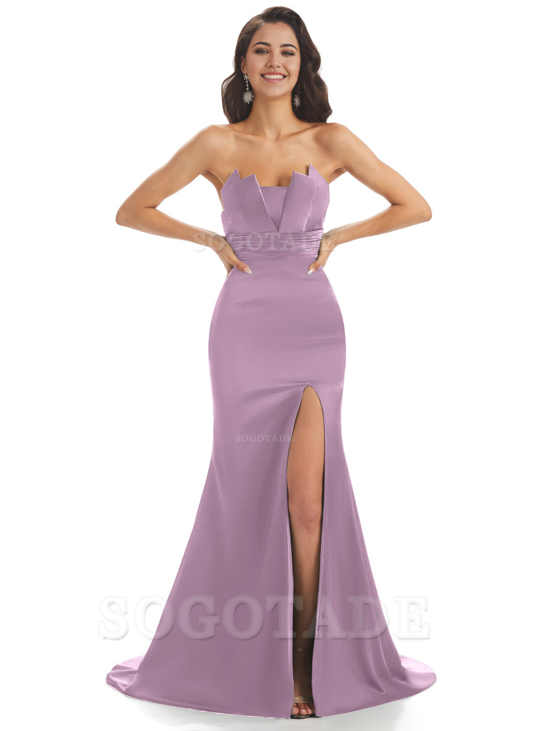 Mermaid sleeveless Satin formal dresses evening gown Bridesmaid Dresses With Side Slit 