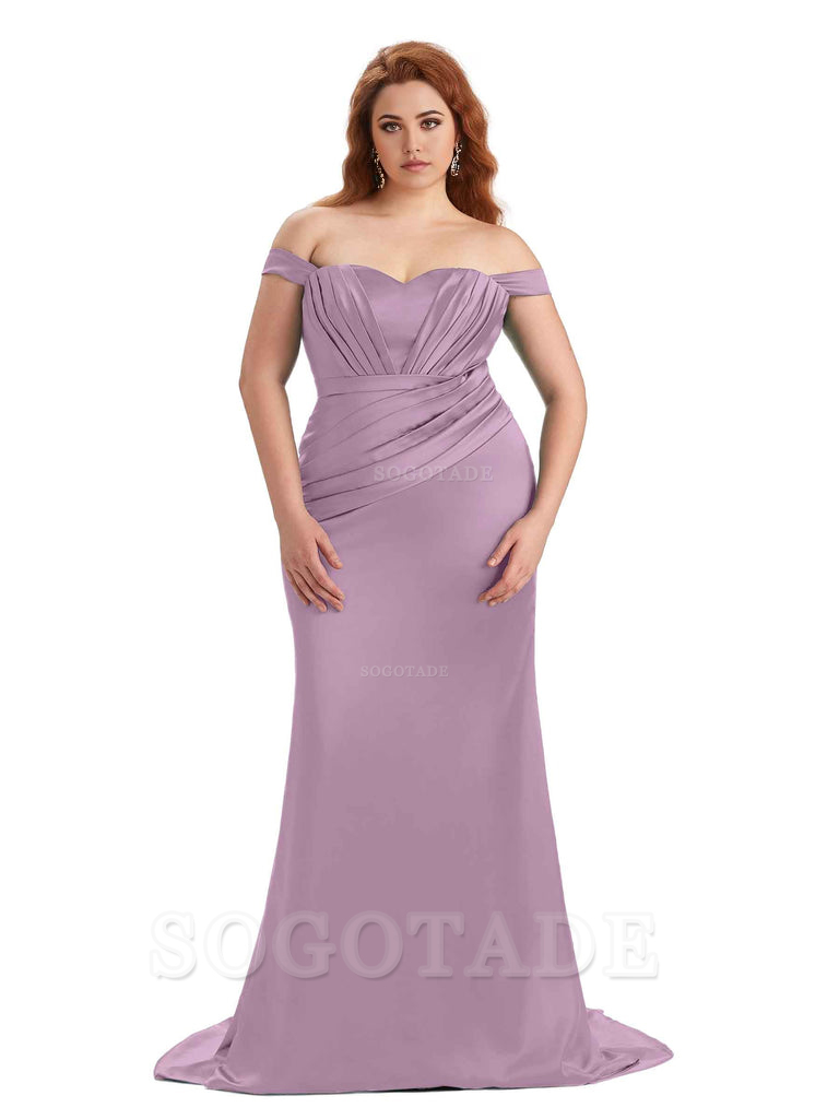 Sexy Mermaid Off The Shoulder Sweetheart Soft Satin Floor Length Long Plus Size Maid of Honor Dresses